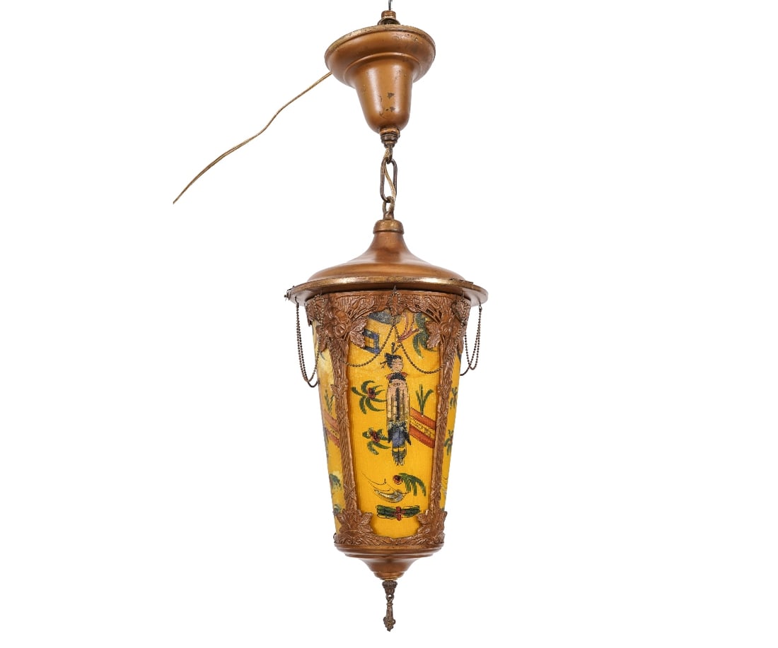 ART NOUVEAU HANGING LANTERN: Art Nouveau faux bronze metal Asian-themed hanging lantern, circa 1920. 22"h x 8"dia