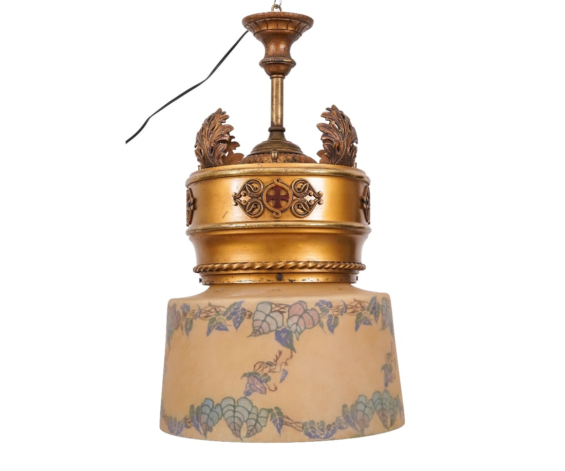 ART NOUVEAU CHANDELIER: Large Art Nouveau brass theater/ballroom chandelier decorative metal motifs and reverse painted drum shade with vines, ivy and flowers. 28"h x 16.25"dia