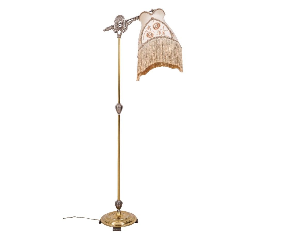 ART DECO FLOOR LAMP: Art Deco brass and metal floor lamp with embroidered fringe shade. 35.75"h x 20"w