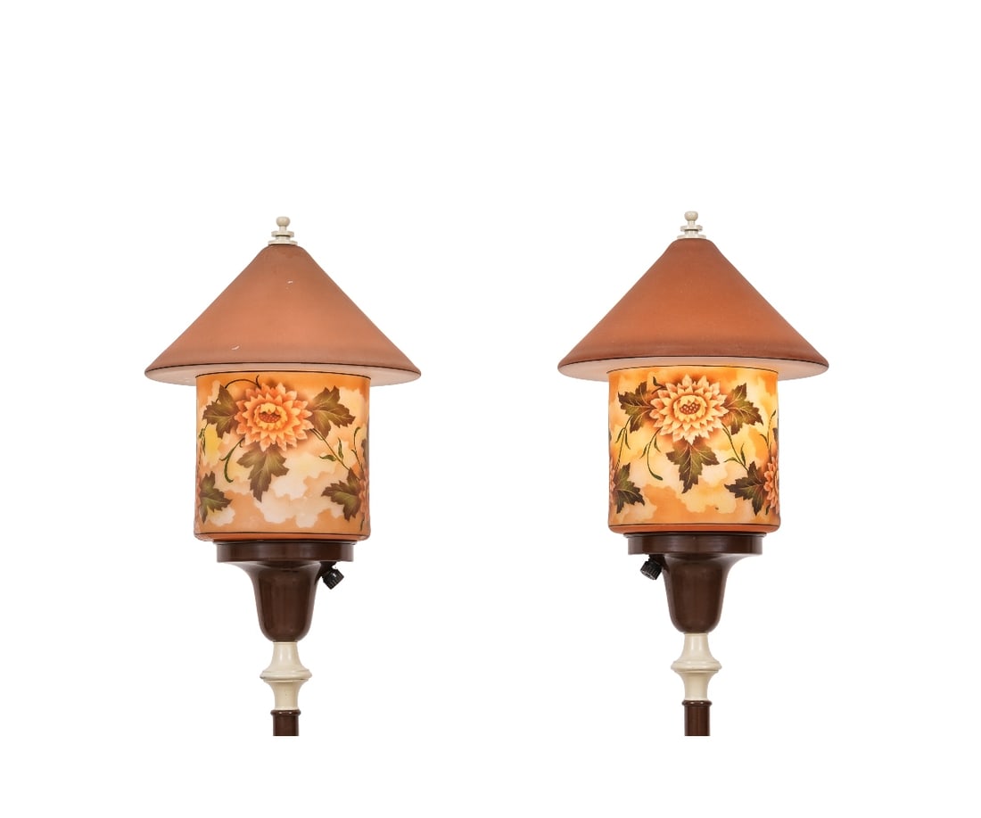 PAIR H.G. MCFADDIN BELLOVA SHADED FLOOR LAMPS: Pair of brown metal floor lamps each with matching H.G. McFaddin & Co. Bellova gnome art glass shades, with sunflower motif and maroon pointed top, each signed "Bellova / Czechoslovakia" to base of gl