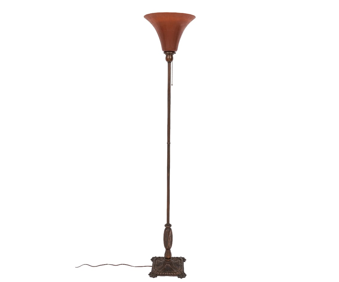 RADIOLIER METAL TORCHIERE FLOOR LAMP: Radiolier metal torchiere floor lamp by The Kayline Co. with a russet color glass shade and ornate weighted base decorated with scallop shells and paw feet, marked "Radiolier Kayline Co. Pat Pending" 