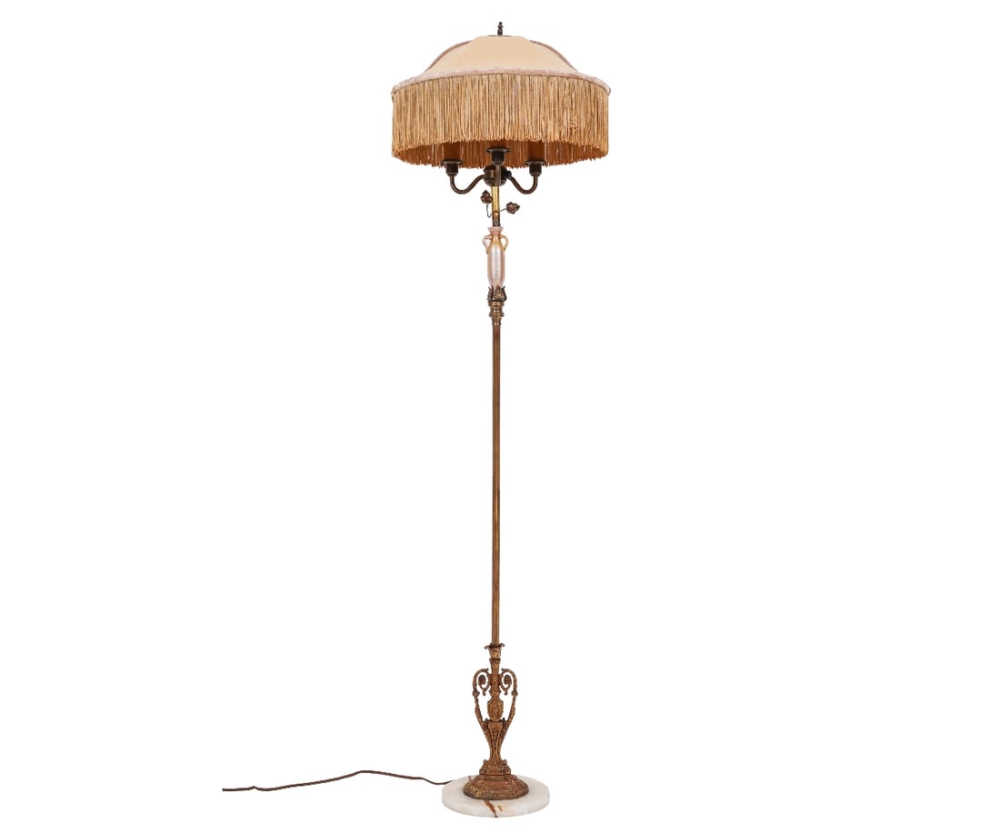 FAUX BRONZE FLOOR LAMP: Faux bronze metal floor lamp with amphora favrile glass decoration, silk fringe shade and alabaster base. 64"h x 9.5"w / Shade: 16"dia