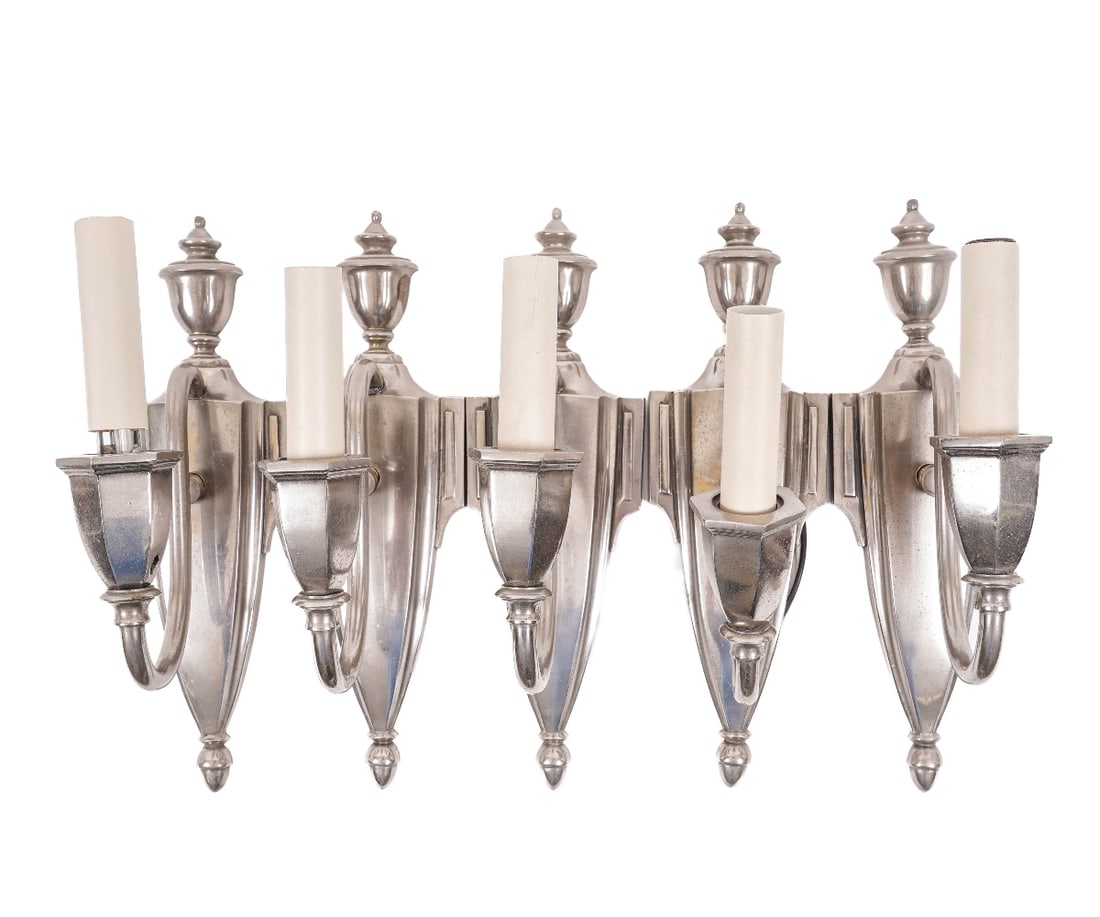 FIVE BRADLEY & HUBBARD SCONCES: Five Bradley & Hubbard Art Deco nickel plated wall sconces, marked B & H. 11"h x 3.5"w x 6"d
