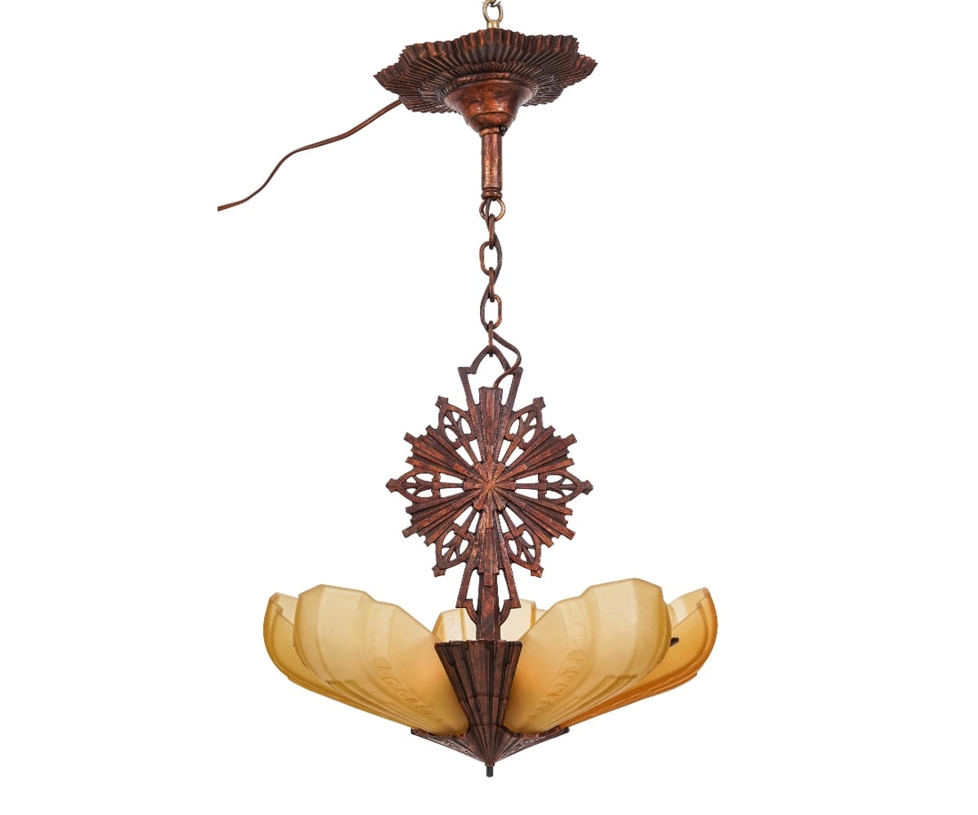 ART DECO CHANDELIER: Art Deco chandelier with faux bronze metal finish and frosted glass shades, circa 1930. 27"h x 16"dia