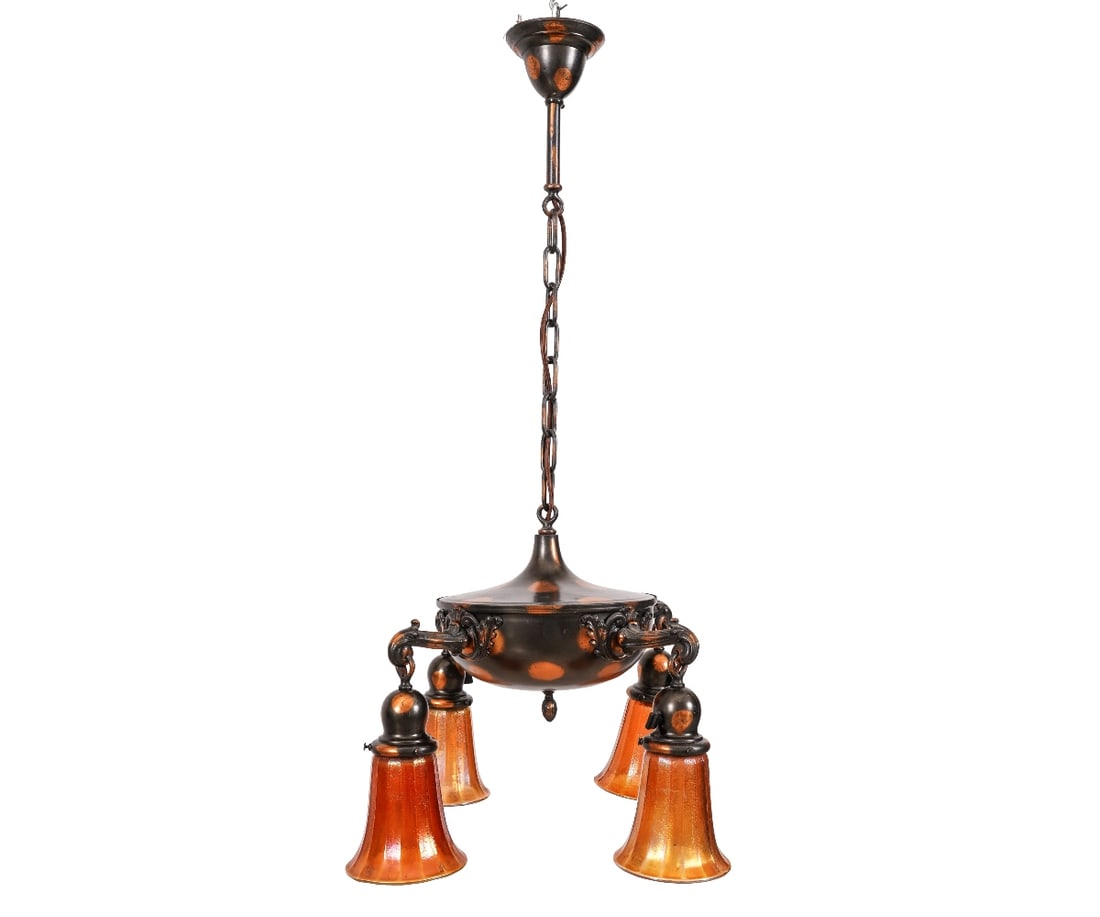 ART NOUVEAU CHANDELIER: Art Nouveau hanging chandelier with Japaning finish and four oragne carnival glass shades, circa 1930. 35.5"h x 22"w