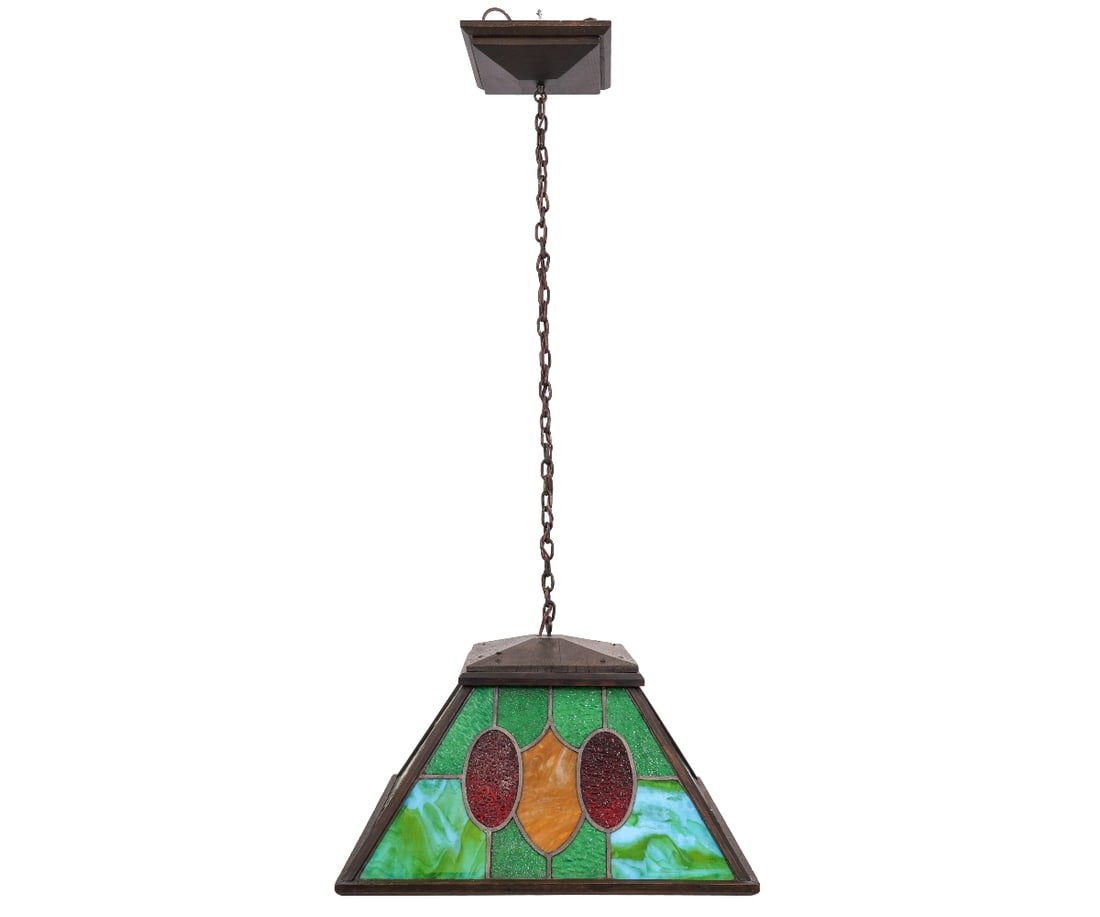 ARTS & CRAFTS STYLE LAMP: Large Arts & Crafts style oak and colorful slag glass square hanging lamp. 14"h x 24"w x 24"d