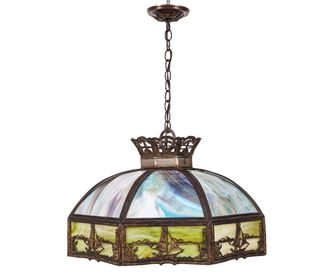 ART NOUVEAU SLAG GLASS LIGHT: Art Nouveau eight-panel dome slag glass pendant light, faux bronze metal finish decorated with sailing boats, two socket, circa 1920. 14"h x 21"dia