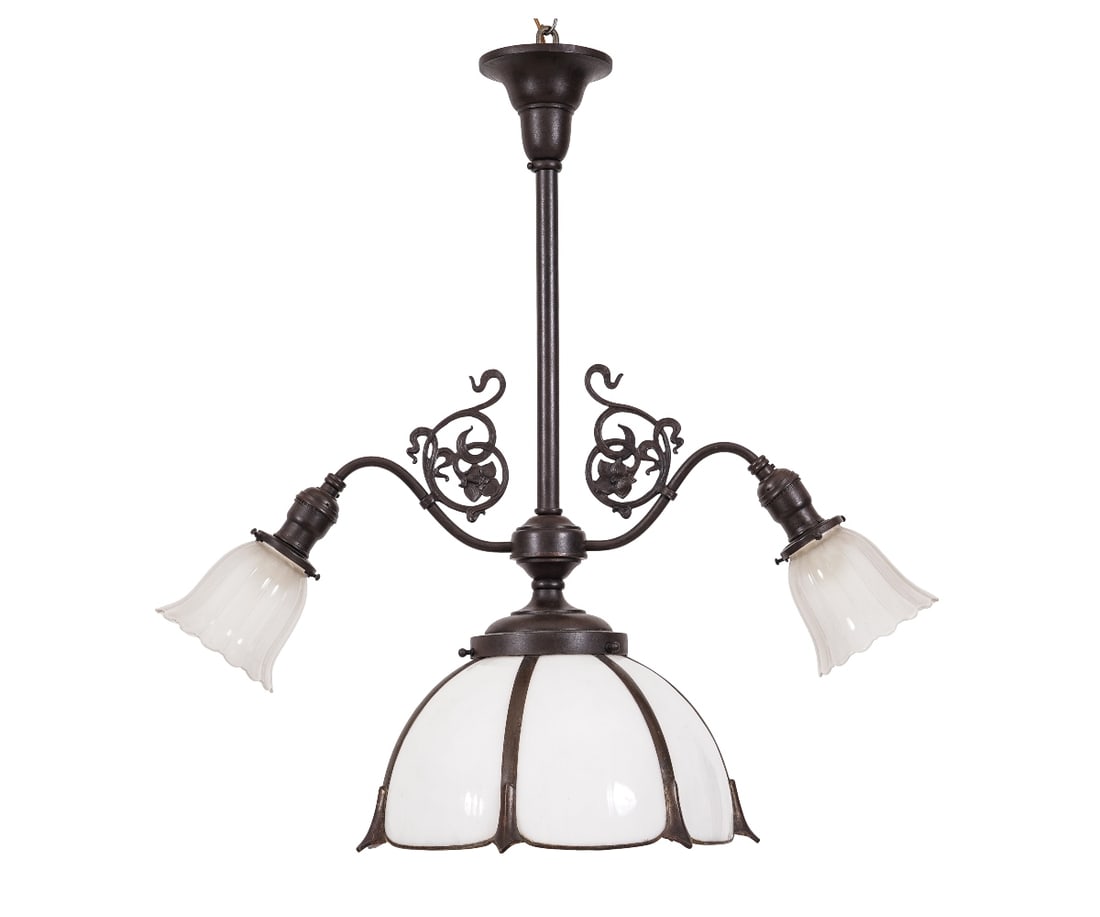 MILK GLASS DOME CHANDELIER: Milk glass dome chandelier with two arms and glass shades signed "Gibson" (Gibson Gas Fixture Company), circa 1905. 26"h x 25"w