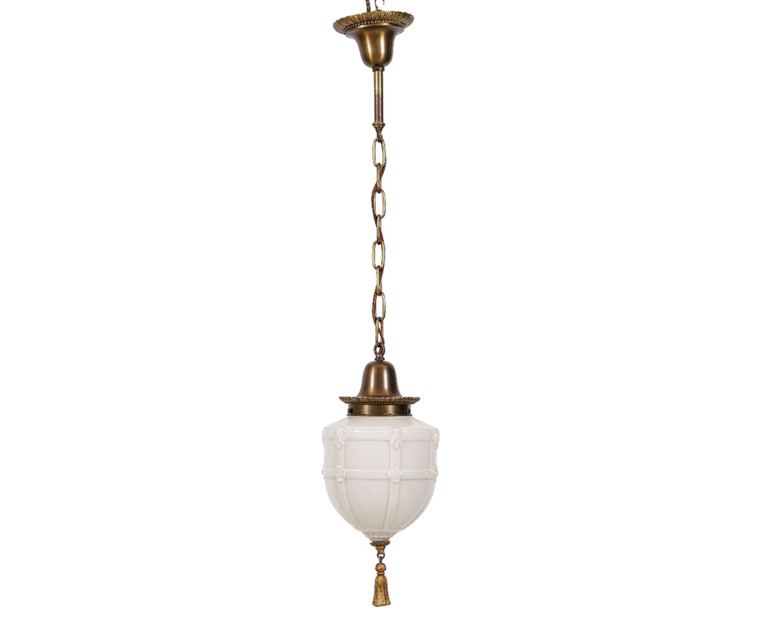 FRENCH STYLE CHANDELIER: Large French style milk glass drop chandelier, circa 1920, with gilt metal tassel. 18"h x 8"dia