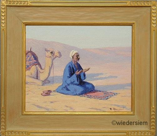 Macsoud, Nicholas Saleen [New York/Syria, 1884-1972: Macsoud, Nicholas Saleen [New York/Syria, 1884-1972] oil on board painting titled “Afternoon Prayer” of a man praying in the desert, a camel in the background, signed l.r. “N. Macsoud”. 12.5��