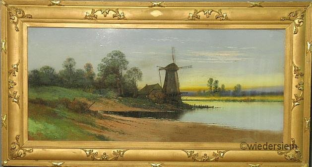 Pastel drawing of a windmill at river’s edge at du: Pastel drawing of a windmill at river’s edge at dusk signed l.l. “Chandler”, possibly by or a student of William Henry Chandler. 17.5”x39.5”