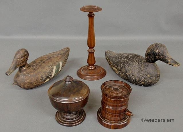 Misc. grouping to include: castletine form lignum : Misc. grouping to include: castletine form lignum vitae string spooler 4.75”h., covered bowl 6”h., mahogany wig stand 12”h. and 2 duck decoys.