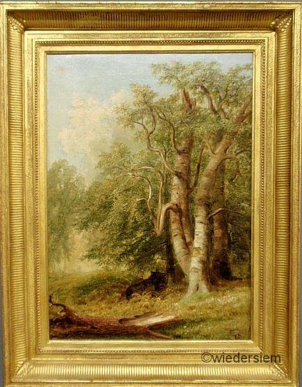 Smith, Russell [American/Pennsylvania, 1812-1896] : Smith, Russell [American/Pennsylvania, 1812-1896] oil on canvas landscape painting of a forest scene with a bear at the foot of birch trees, signed l.r. “R.S.”. 20.5”x14.75”