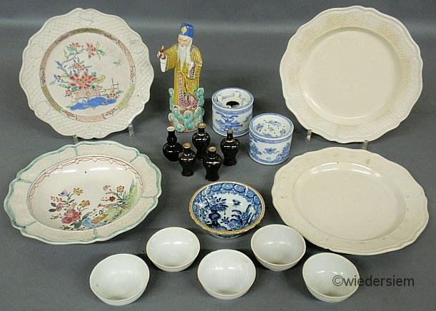 Group of mostly 19th c. ceramic tableware- 3 plate: Group of mostly 19th c. ceramic tableware- 3 plates 9.5”dia., bowl 9”dia., 5 handleless bowls, 5 gourd vases, small bowl and a figure, etc.
