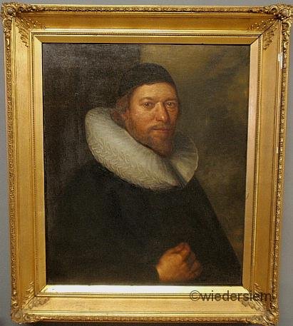 Oil on canvas Tudor style portrait of Charles Tays: Oil on canvas Tudor style portrait of Charles Tayspill at age 50, inscription u.l. “Charles Tayspill b. at Niewe Kerke 1600 d. at Colchester 1662, ATATIS. 50. A: 1650”, appears to be a copy of a p