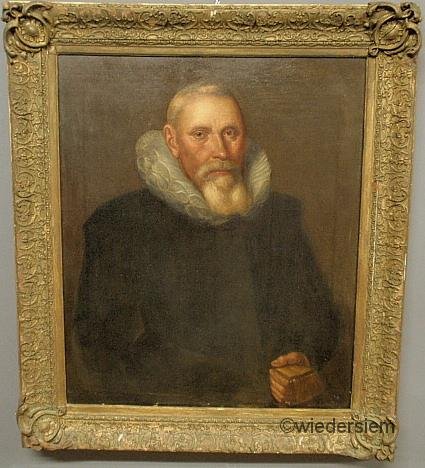 Oil on canvas Tudor style portrait of Giles Tayspi: Oil on canvas Tudor style portrait of Giles Tayspill, inscription u.l. “Giles Tayspill of Niewe Kerke, Ne Yeres, B. 1519”, perhaps grandfather of Charles Tayspill (see Lot 316). 29.5”x24.5”