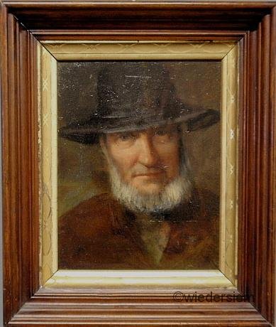 Oil on board painting of an Amish man, mounted in : Oil on board painting of an Amish man, mounted in a Victorian walnut frame. 9.5”h.x7.5”w.