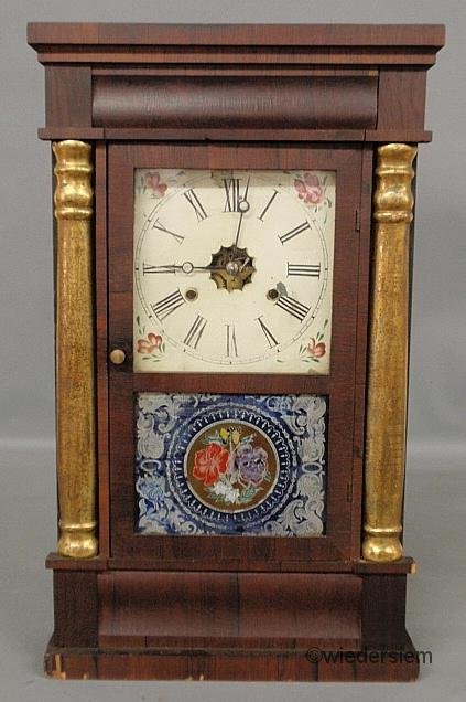 Mahogany veneered mantel clock by Jerome & Co., Ne: Mahogany veneered mantel clock by Jerome & Co., New Haven Conn., with thirty-hour works. 25”h.x15”w.