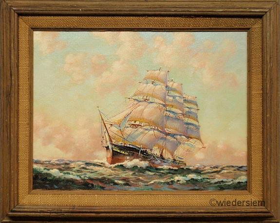 Wheatley, George [American, b.1895] oil on artist: Wheatley, George [American, b.1895] oil on artist board painting of a clipper ship under full sail. Signed l.r. “G.H. Wheatley”. 11.5”x15.5”