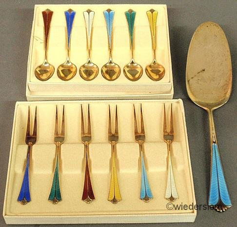 David Andersen, Norway sterling and enameled slice: David Andersen, Norway sterling and enameled slice 8.25”l., and a set of cased sterling and enameled cocktail forks and a cased set of matching cocktail spoons also by Andersen, 4.25”l.
