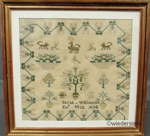 English silk on linen sampler wrought by Sarah Wil: English silk on linen sampler wrought by Sarah Willcocks, Dec. 12, 1834, with potted flowers and animals. 12.5”11.5”