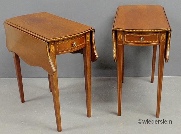 Pair of Hepplewhite style inlaid mahogany side tab: Pair of Hepplewhite style inlaid mahogany side tables. 27”h.x25”x15”