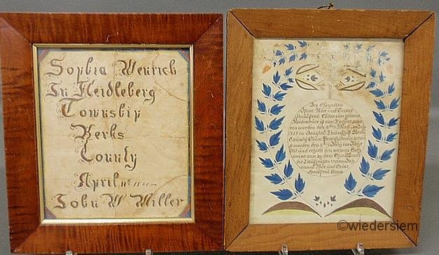 Two Pennsylvania frakturs- Sophia Weinrich, Heidle: Two Pennsylvania frakturs- Sophia Weinrich, Heidleberg Twp., Berks Co., April 11, 1841 John W, Miller” 8.75”x7.5” mounted in a maple frame, probably a marriage announcement, and a baptismal anno