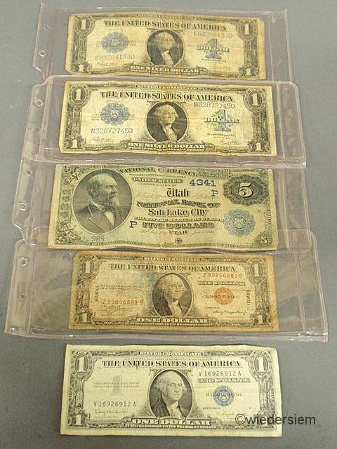 Group of U.S. currency- Salt Lake City 1896 $5.00: Group of U.S. currency- Salt Lake City 1896 $5.00 saddle blanket, 2 1923 $1.00 saddle blankets, 1957-B $1.00 silver certificate and a 1935-A $1.00