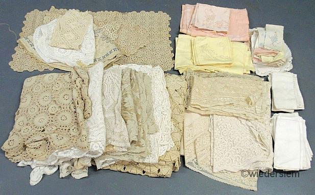 Group of table linens- crochet & tatted tablecloth: Group of table linens- crochet & tatted tablecloths, runners, etc., two damask tablecloths & napkin sets, damask & hemstitched napkins, etc.