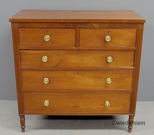 Sheraton walnut chest of drawers, c1820, with reed: Sheraton walnut chest of drawers, c1820, with reeded stiles. 41”h.x41.5”w.x20.75”d.