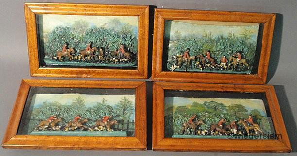 Set of four maple framed wax foxhunting diorama, p: Set of four maple framed wax foxhunting diorama, probably late 19th c., site size each 7.5”x14”