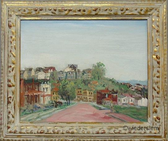 Baum, Walter Emerson [American/Pennsylvania, 1884-: Baum, Walter Emerson [American/Pennsylvania, 1884-1956] oil on canvas landscape and town scene signed l.r. “W.E. Baum” and signed and titled verso “Hill City/ W.E. Baum”, probably Easton PA. 1