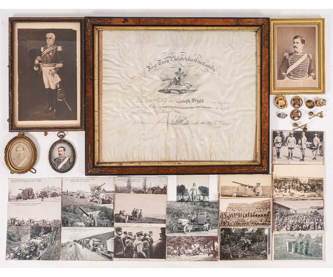 FIRST TROOP PHILADELPHIA CITY CAVALRY: First Troop Philadelphia City Cavalry memorabilia to include a membership certificate of Joseph Wright dated 12 February 1872 and signed by Captain M. Edward Rogers; a miniature, probably of Joseph Wr