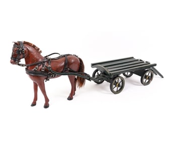 CARVED WOOD HORSE AND WAGON