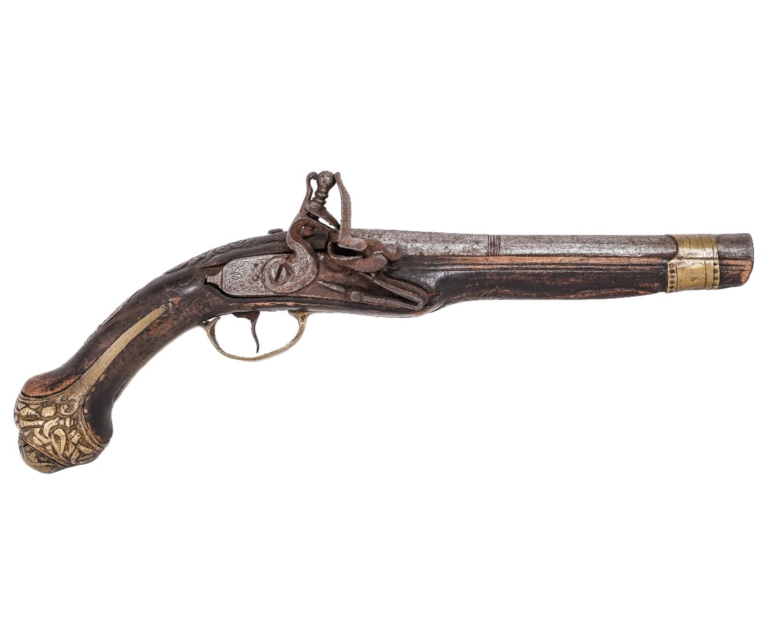 CONTINENTAL FLINTLOCK PISTOL: Continental flintlock pistol, 18th c., marked indistinctly. 14"l
