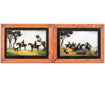 PAIR REVERSE PAINTED FOX HUNTING SCENES