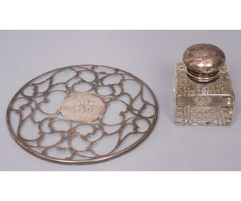 STERLING SILVER CUT GLASS INKWELL