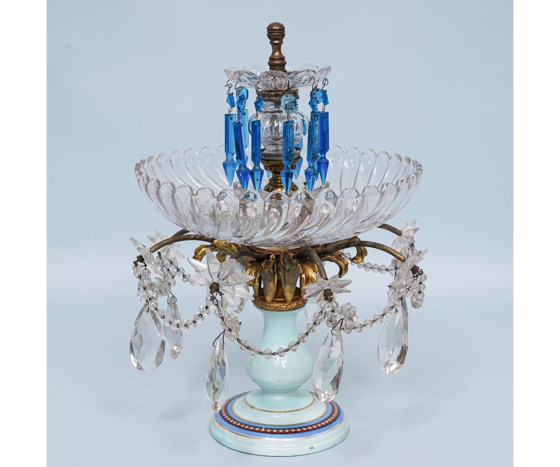 CENTERPIECE COMPOTE: Glass and metal centerpiece compote with blue drop prisms, pressed and cut glass prisms and colored glass base. 17"h x 11.5"dia