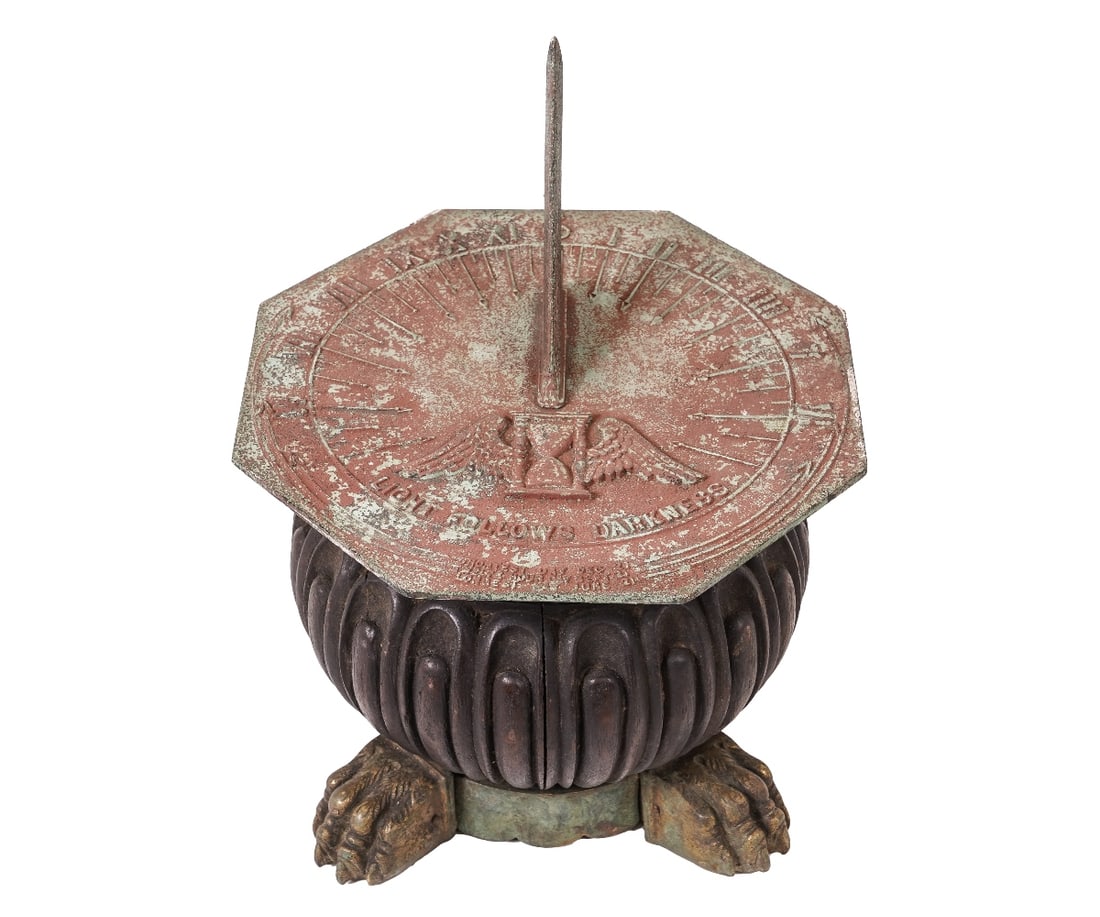 ITALIAN STYLE SUNDIAL: Italian style brass and wood sundial with octagonal top that lifts off. 14"h x 12"dia (top lifts)