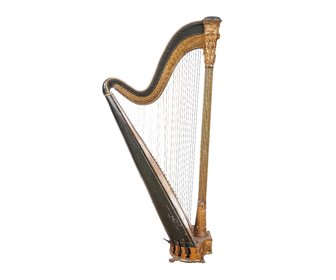 G.F. BROWN & CO. ENGLISH HARP: English harp with original paint decoration, gilt and brass by G.F. Brown & Co. from Erards, 12 Berners Street and Oxford Street London, Patent No. 346. 68.5"h x 34"l x 14"w