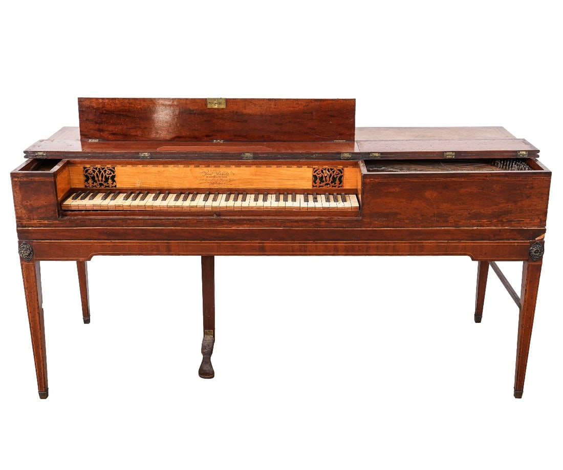 ENGLISH MAHOGANY SQUARE PIANO: English mahogany inlaid square piano, circa 1790, with tapered legs joined by rectangular stretchers, the nameboard inscribed "Augustus Leukfeld Manufacturer, Tottenham Street, Fitzroy Square, London"