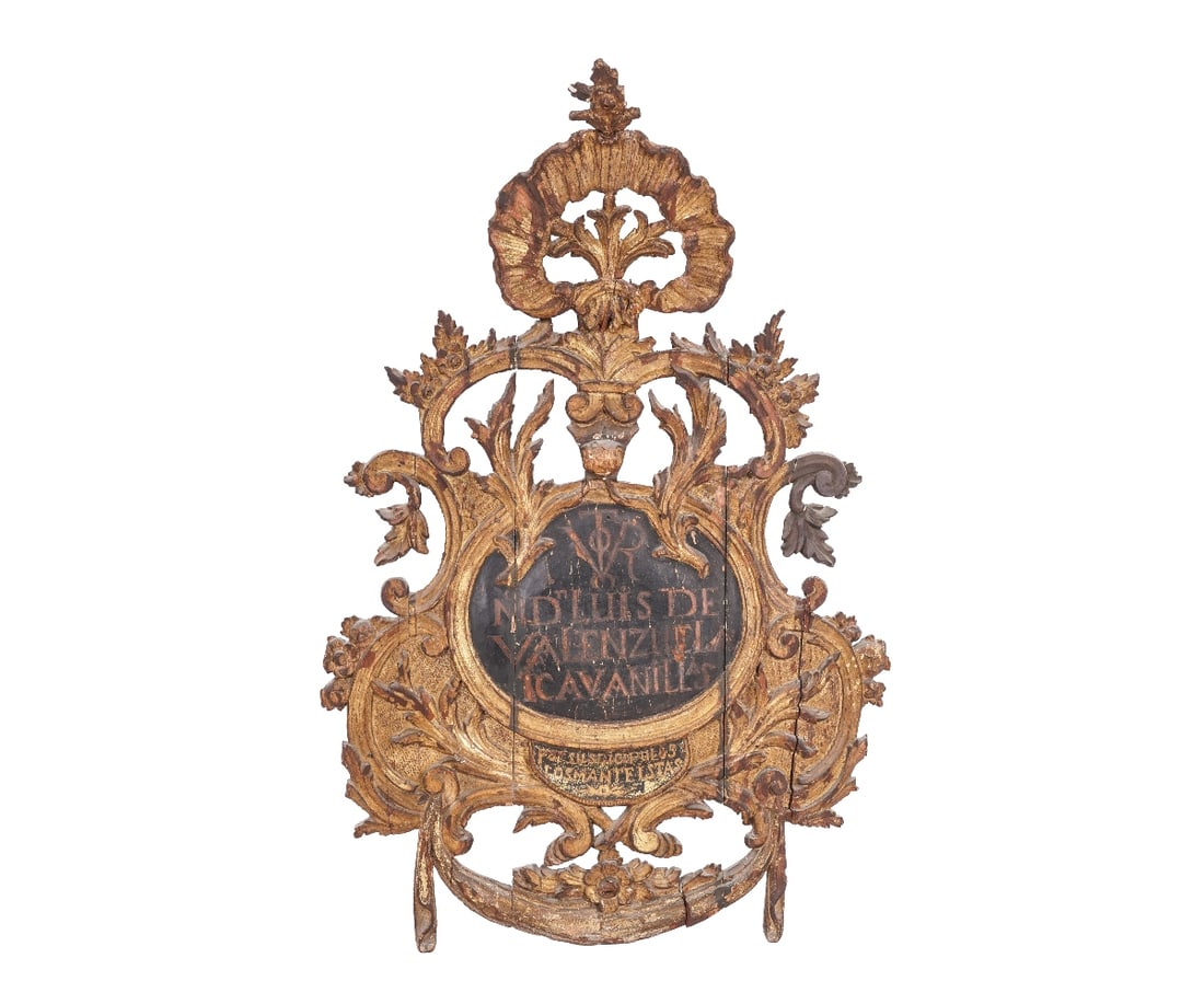SPANISH GILTWOOD AND EBONIZED PLAQUE: Spanish gilt wood and ebonized plaque with inscription, probably 17/18 c.46"h x 30"w