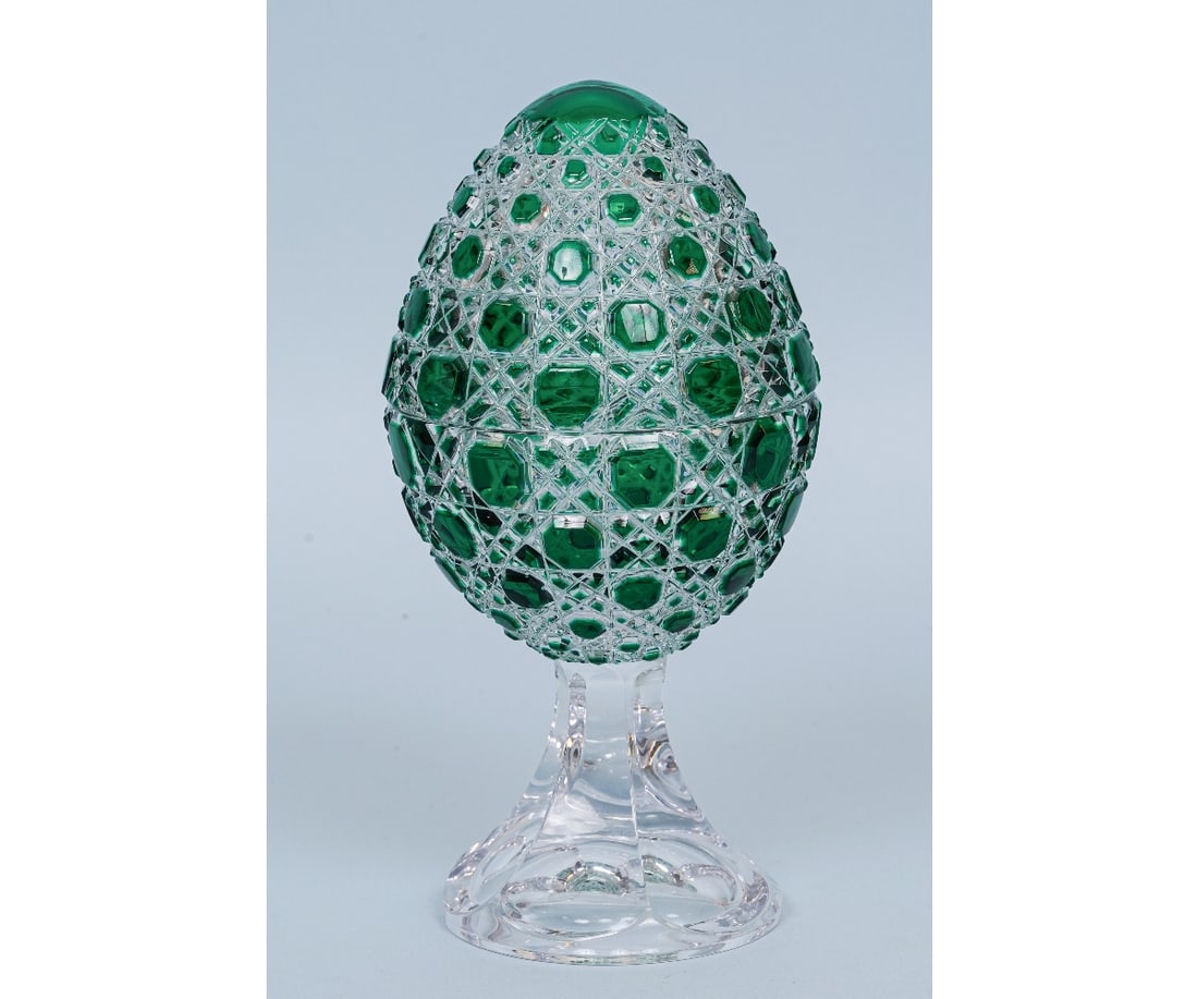 FABERGE PERFUME EGG: Faberge green cut to clear two-part perfume egg, signed Faberge 135-999. 9"h x 4.5"dia