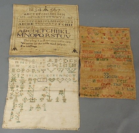 Three unframed early samplers, one wrought by Rebecca B: Three unframed early samplers, one wrought by Rebecca Bacon, 1763, 15”x10.5”.