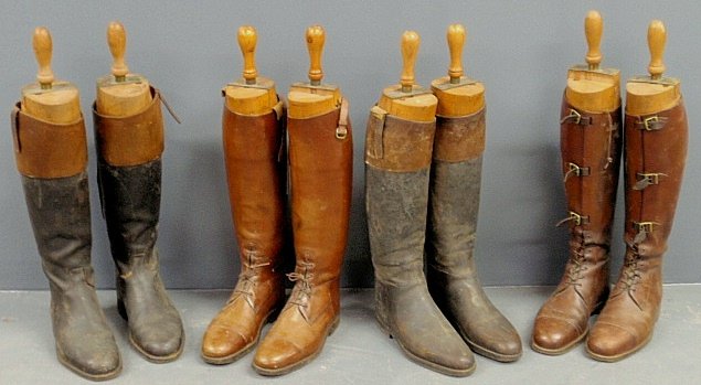 Four pairs of vintage men¡¯s English leather riding boo: Four pairs of vintage men¡¯s English leather riding boots- two pairs of hunt boots, one pair of brown field boots and one pair of three-strap brown field boots, all custom made, approx 24¡±h.x11¡
