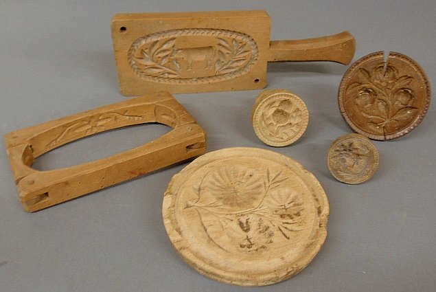 Group of five maple butter prints, 19th c., largest (co: Group of five maple butter prints, 19th c., largest (cow) 12”l. As found.