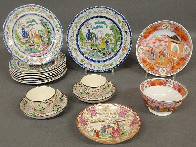 Set of eight Mason’s ironstone plates 8”dia., a larger : Set of eight Mason’s ironstone plates 8”dia., a larger example, two soft paste cups & saucers and 3 other misc. pieces.