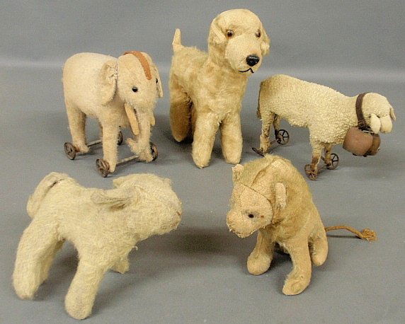 Group of five 19th c. stuffed animals, two are pull-toy: Group of five 19th c. stuffed animals, two are pull-toys, dog 11”h.x12”l.