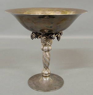 Large Georg Jensen, Denmark hammered sterling silver co: Large Georg Jensen, Denmark hammered sterling silver compote having a flared circular bowl above a spiraling grape and vine stem all resting on a circular base, signed “Georg Jensen, Denmark Sterlin