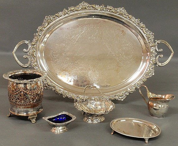 Six pieces of silverplate- oval tray 27”x17”, a wine co: Six pieces of silverplate- oval tray 27”x17”, a wine coaster 6.5”h., etc.
